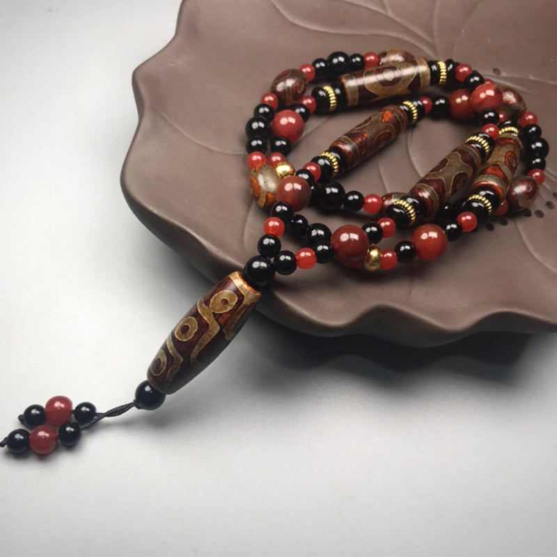 Buddha Stones Nine-Eye Dzi Bead Red Agate Wealth Health Necklace