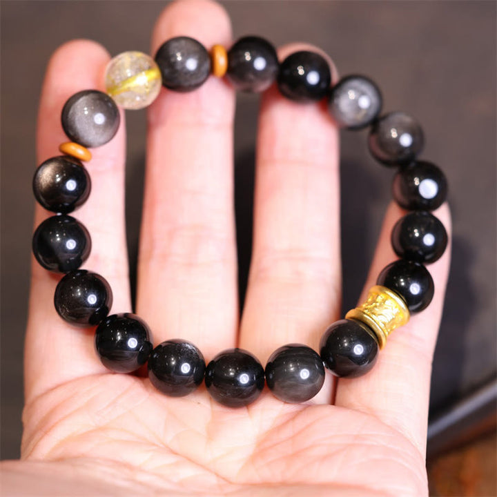 Buddha Stones Natural Silver Sheen Obsidian Crystal Om Mani Padme Hum Bead Protection Bracelet