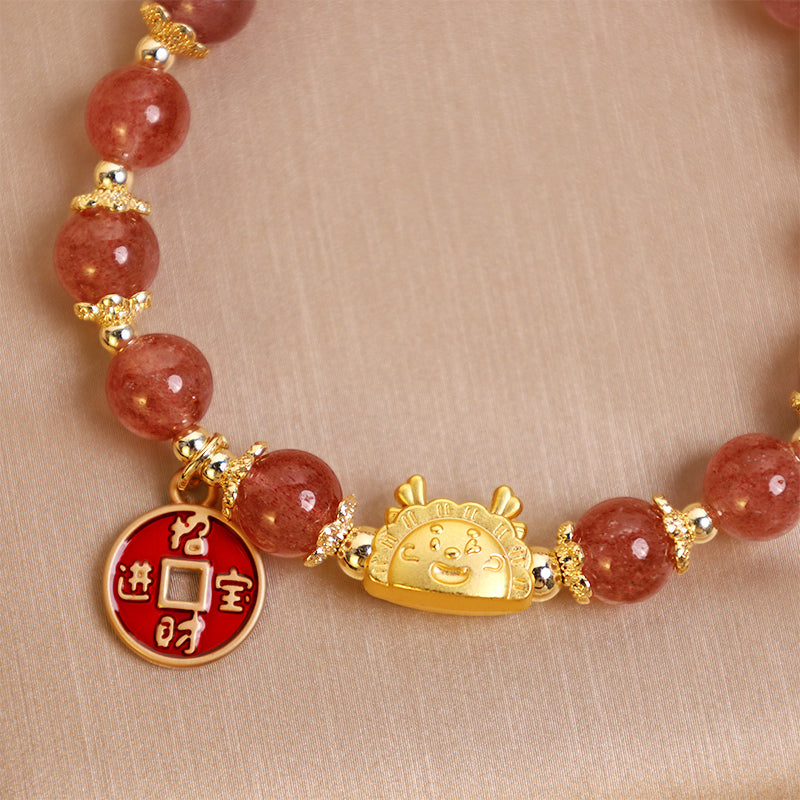 Buddha Stones Year of the Dragon Strawberry Quartz Copper Coin Attract Wealth Charm Bracelet