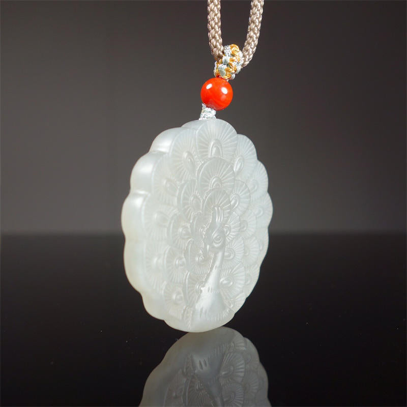 White Jade Peacock Protection Blessing Necklace Pendant