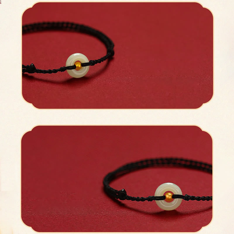 Buddha Stones 999 Gold Bead Round Peace Buckle Hetian Jade Luck Abundance Braided Bracelet Anklet