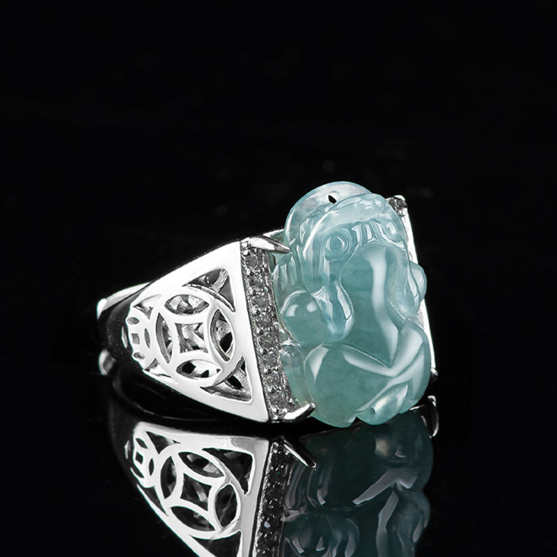 Buddha Stones 925 Sterling Silver Fengshui Wealth Prosperity Jade PiXiu Luck Ring