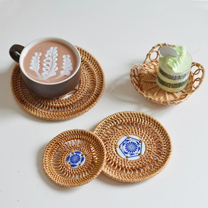 Ceramic Flower Pattern Rattan Cup Mat Tea Cup Coaster