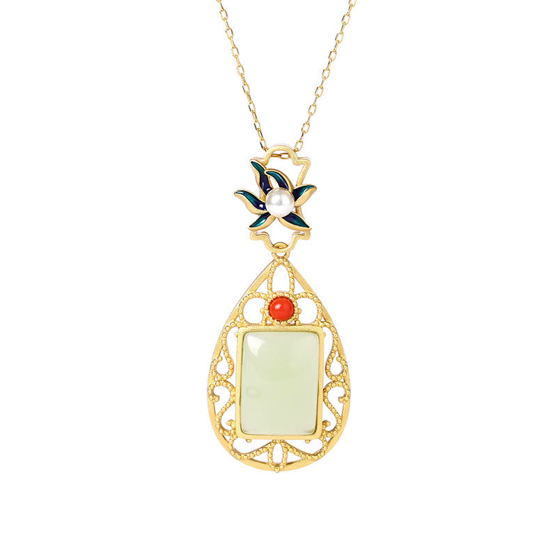 Vintage Flower Jade Plated Gold Prosperity Necklace Pendant