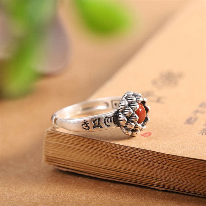 925 Sterling Silver Lotus Red Agate Confidence Blessing Ring