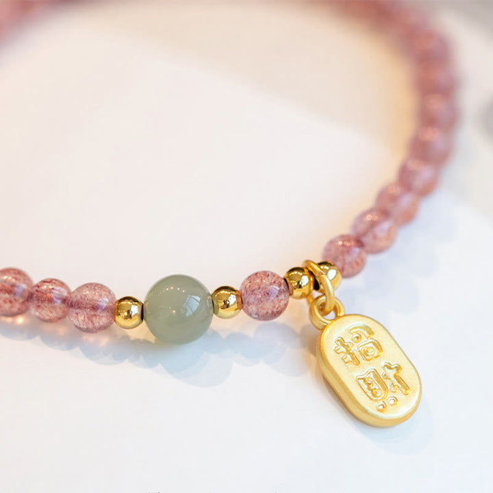 Buddha Stones Natural Strawberry Quartz Garnet Jade Lucky Fortune Fu Character Healing Charm Bracelet