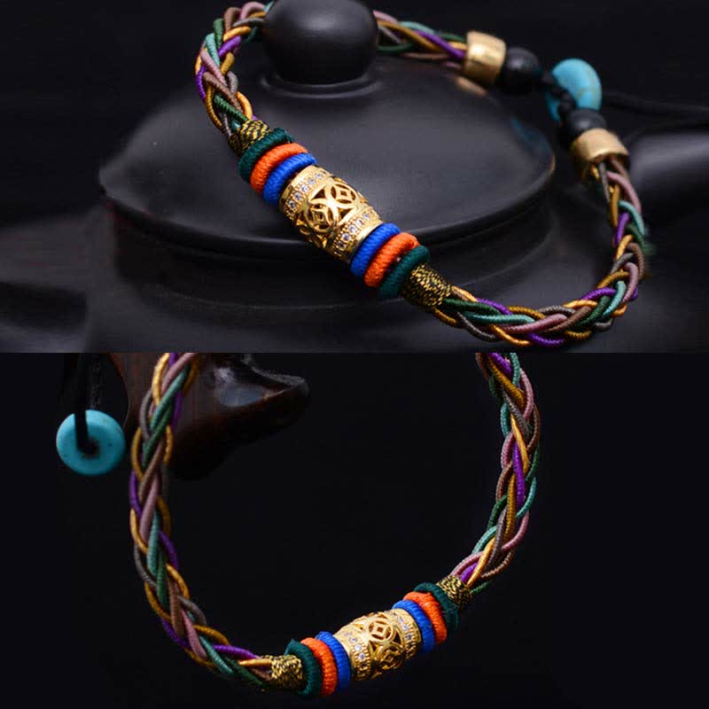 Buddha Stones Tibetan Handmade Eight Thread Knot Copper Coin Luck Weave String Bracelet