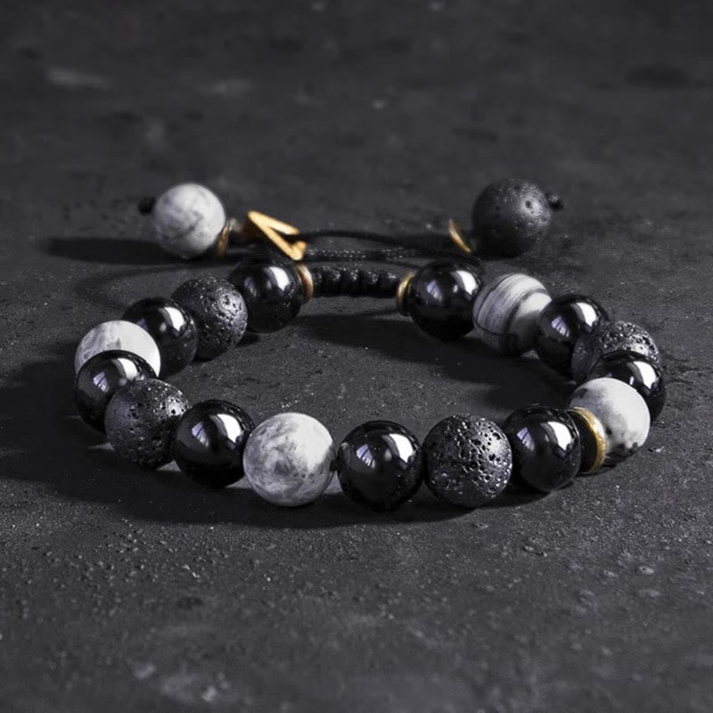 Buddha Stones Black Obsidian Lava Rock Stone Yin Yang Strength Bracelet