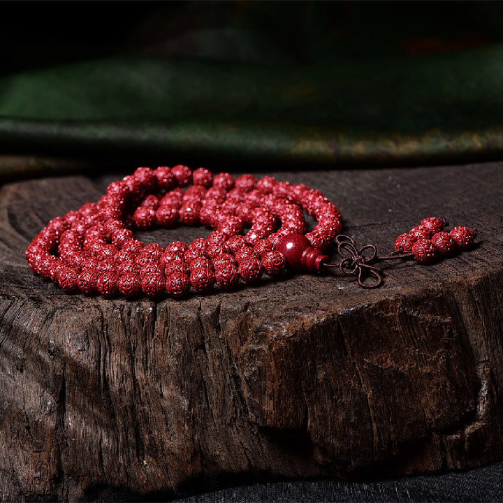 Buddha Stones 108 Mala Beads Cinnabar Om Mani Padme Hum Pattern Engraved Blessing Bracelet