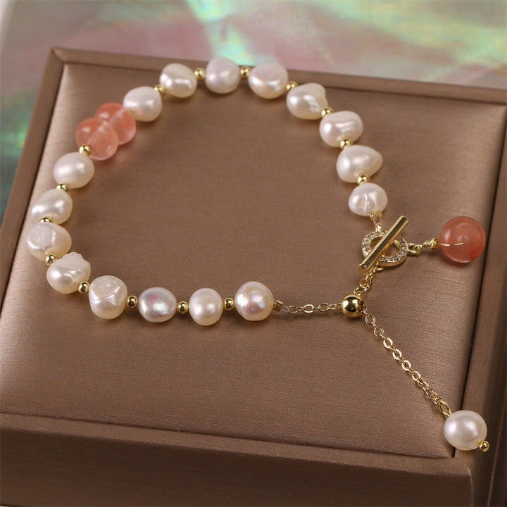 Buddha Stones Pearl Green Strawberry Quartz Bead Healing Chain Bracelet