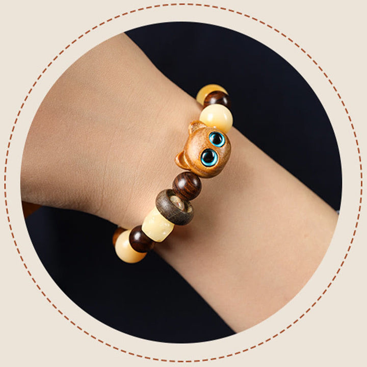 Buddha Stones Natural Bodhi Seed Sandalwood Lucky Cute Cat Head Paw Claw Peace Bracelet