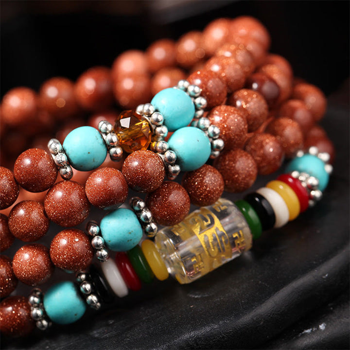 Buddha Stones 108 Mala Beads Goldstone Om Mani Padme Hum Swastika Confidence Bracelet