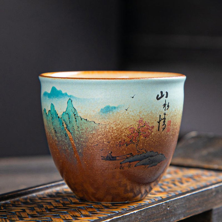 Buddha Stones Colorful Deer Pipa Snow Plum Blossoms Mountains Rivers Bird Ceramic Teacup Kung Fu Tea Cup Bowl