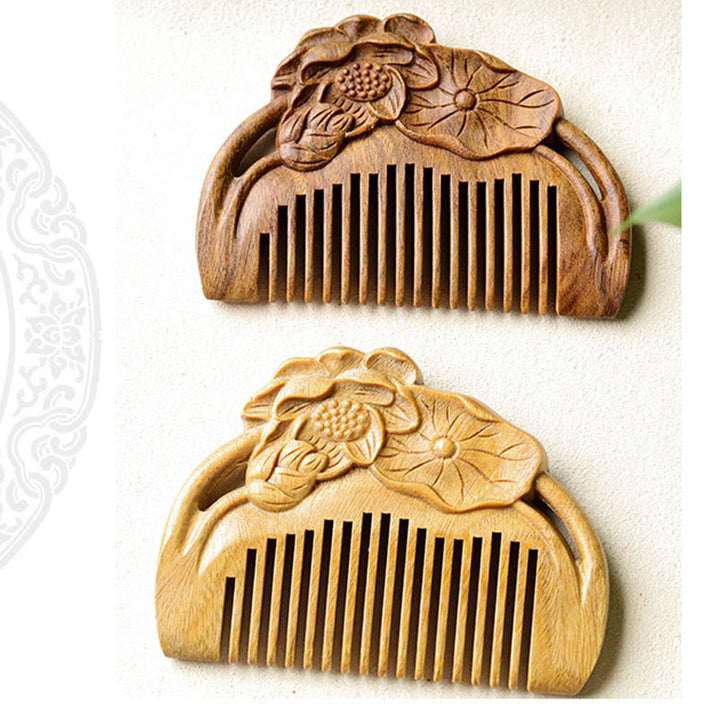 Natural Green Sandalwood Lotus Flower Leaf Engraved Soothing Comb