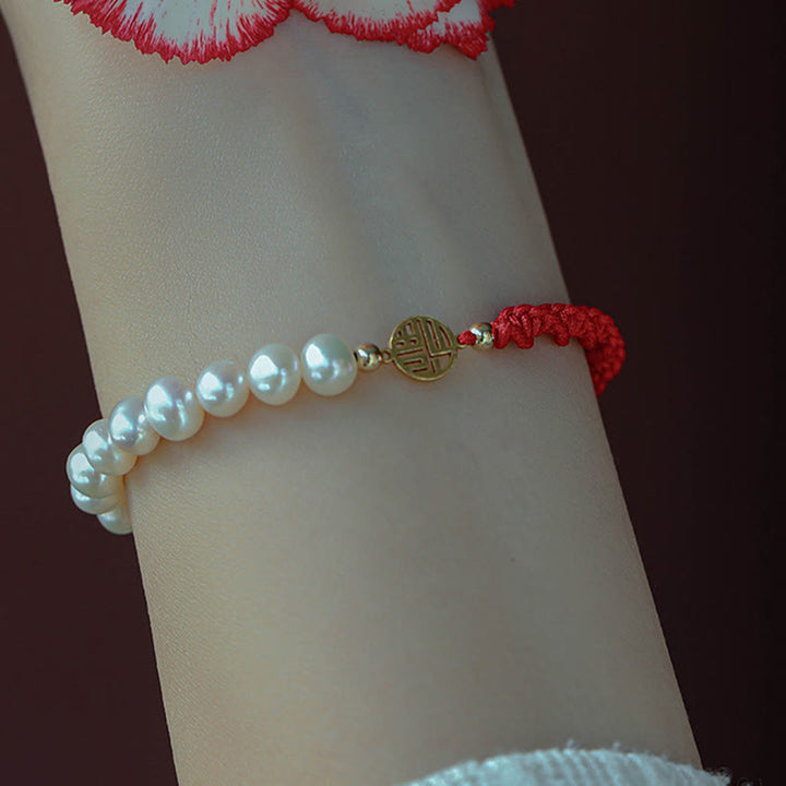 14K Gold Plated Pearl Bead Luck Protection Braid Red String Bracelet