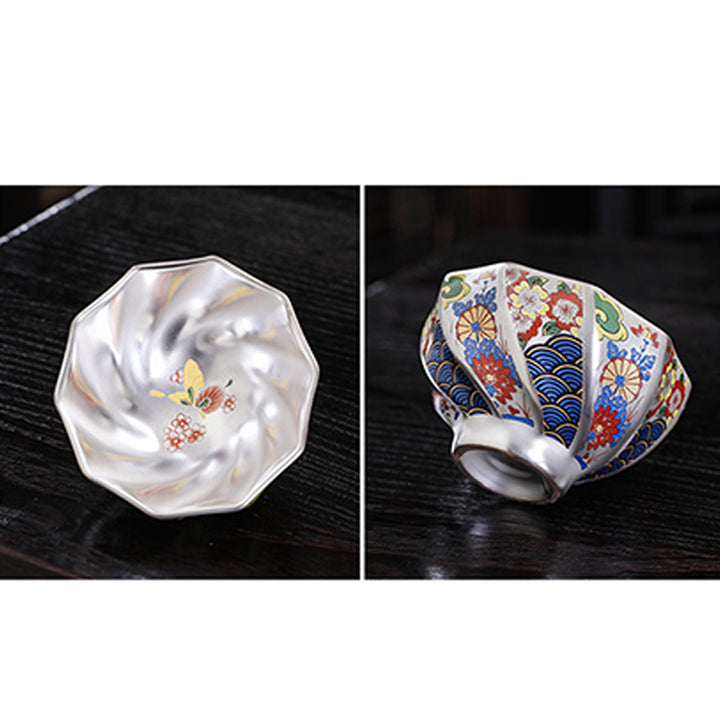 Buddha Stones 999 Sterling Silver Gilding Chrysanthemum Flowers Ceramic Teacup Kung Fu Tea Cup