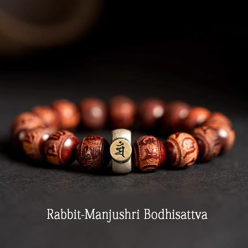 Buddha Stones Chinese Zodiac Natal Buddha Small Leaf Red Sandalwood Om Mani Padme Hum Protection Bracelet