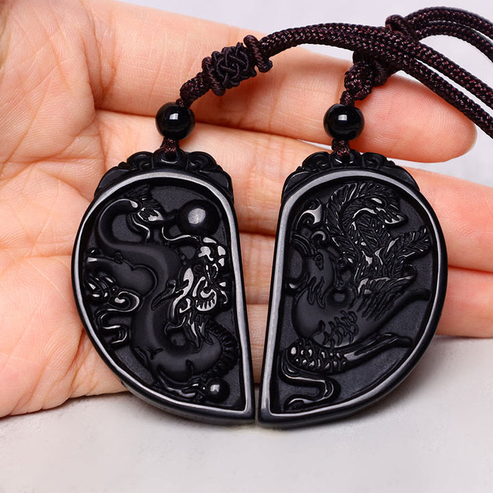 Buddha Stones Black Obsidian Love Dragon Phoenix Protection Necklace Pendant