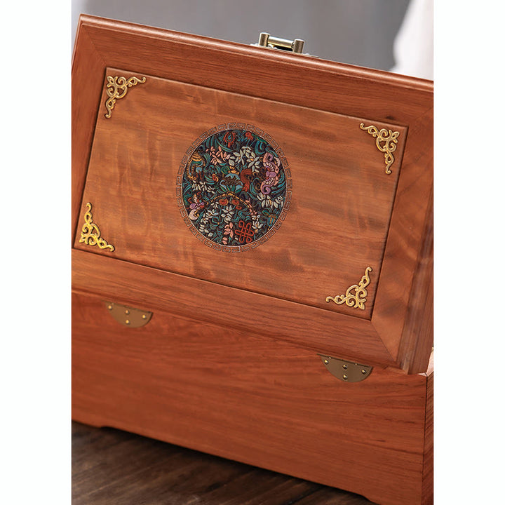 Antique Handmade Rosewood Jewelry Storage Box Lockable Large Double Layer Flower Wooden Gift Organizer Box