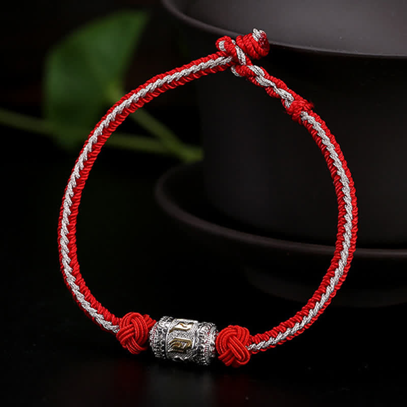 Buddha Stones 925 Sterling Silver Om Mani Padme Hum Prayer Wheel Luck Strength Red String Bracelet