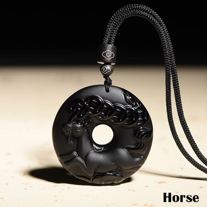 Buddha Stones Chinese Zodiac Natural Black Obsidian Peace Buckle Strength Necklace Pendant