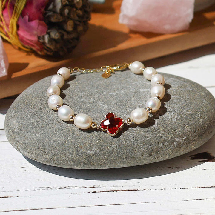 Buddha Stones Pearl Four Leaf Clover Wealth Chain Bracelet