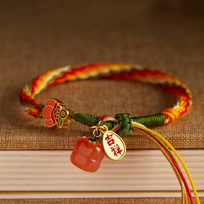 Buddha Stones Persimmon Red Agate Strength Reincarnation Knot Braid String Bracelet