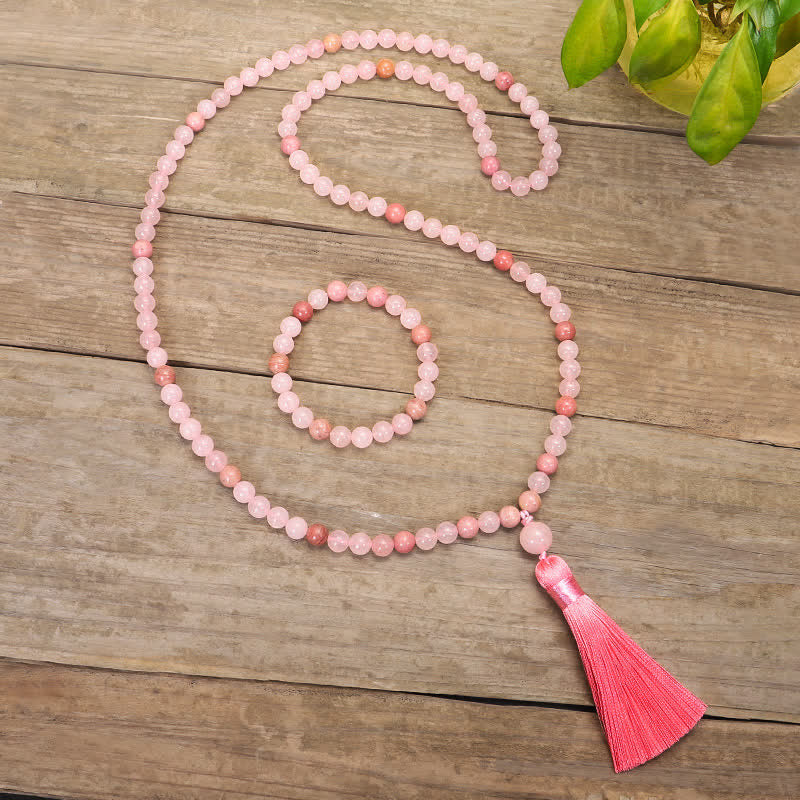 108 Mala Beads Pink Crystal Love Tassel Bracelet