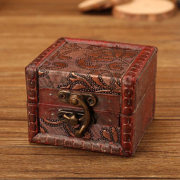 Buddha Stones Retro Small Square Wood Jewelry Box Lotus Grass Flower Grape Copper Coin Daffodil Jewelry Storage Box