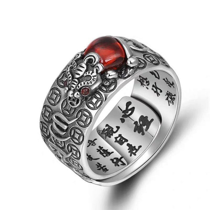 Genstone PiXiu Feng Shui Frog Vajra Dorje Heart Sutra Wealth Adjustable Ring