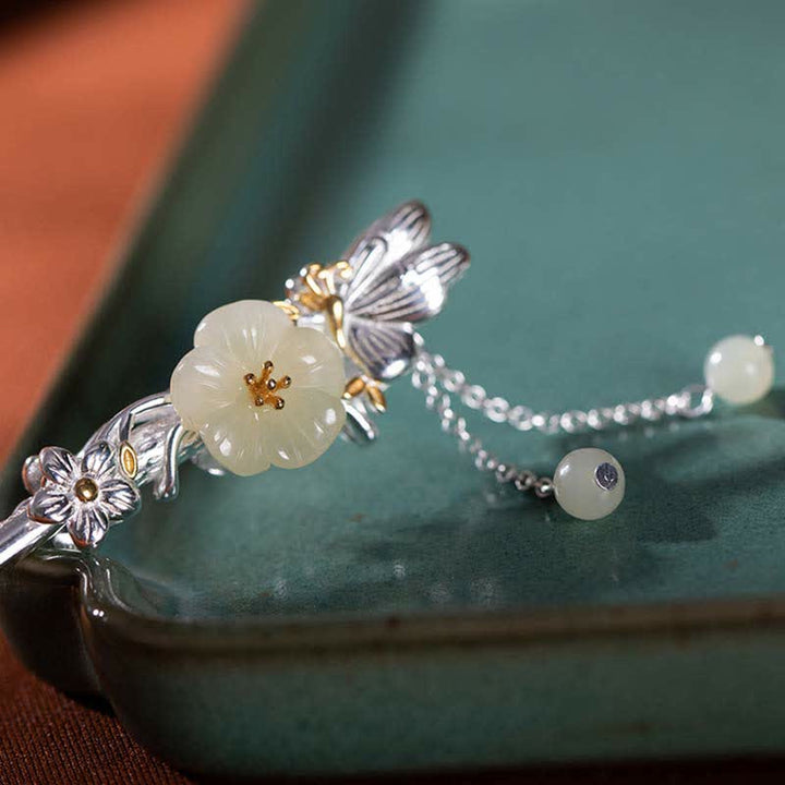 925 Sterling Silver Hetian White Jade Flower Blessing Hairpin