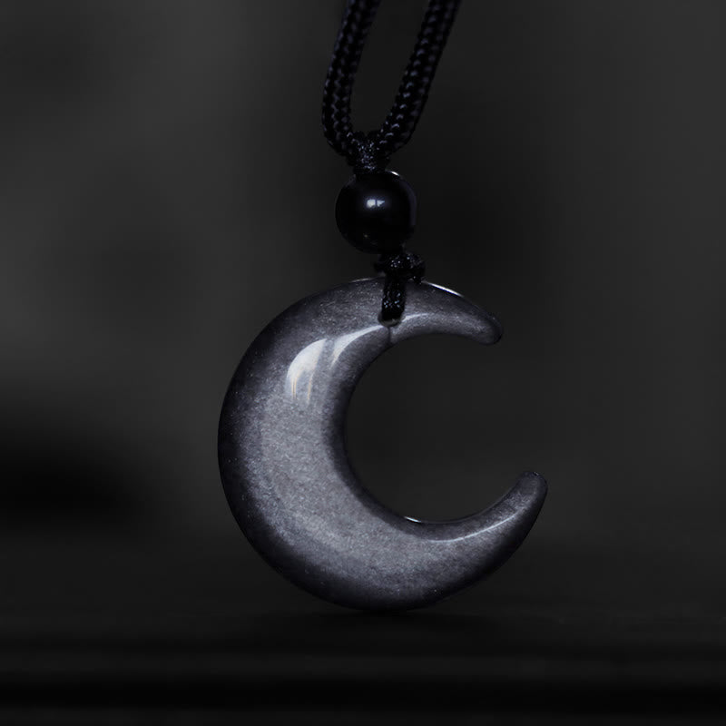 Buddha Stones Natural Silver Sheen Obsidian Selenite Crystal Crescent Moon Yin Yang Couple Protection Necklace Pendant