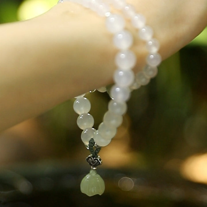 White Agate Jade Lotus Protection Bracelet