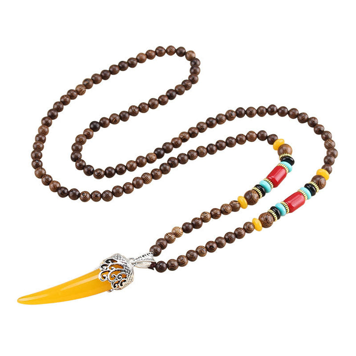 Wenge Wood Turquoise Stone Horn Style Protection Meditation Necklace Pendant