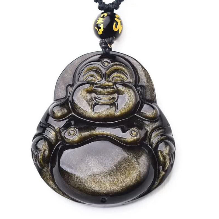 Buddha Stones Laughing Buddha Gold Sheen Obsidian Wealth Necklace Pendant