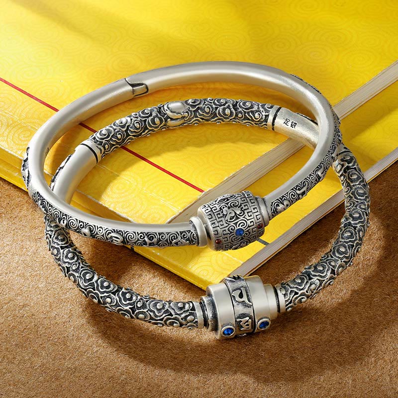 Buddha Stones 990 Sterling Silver Tibetan Auspicious Clouds Om Mani Padme Hum Engraved Creativity Bracelet Bangle