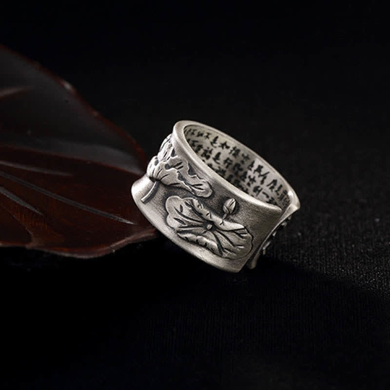 999 Sterling Silver Luck Koi Fish Lotus Heart Sutra Wealth Ring