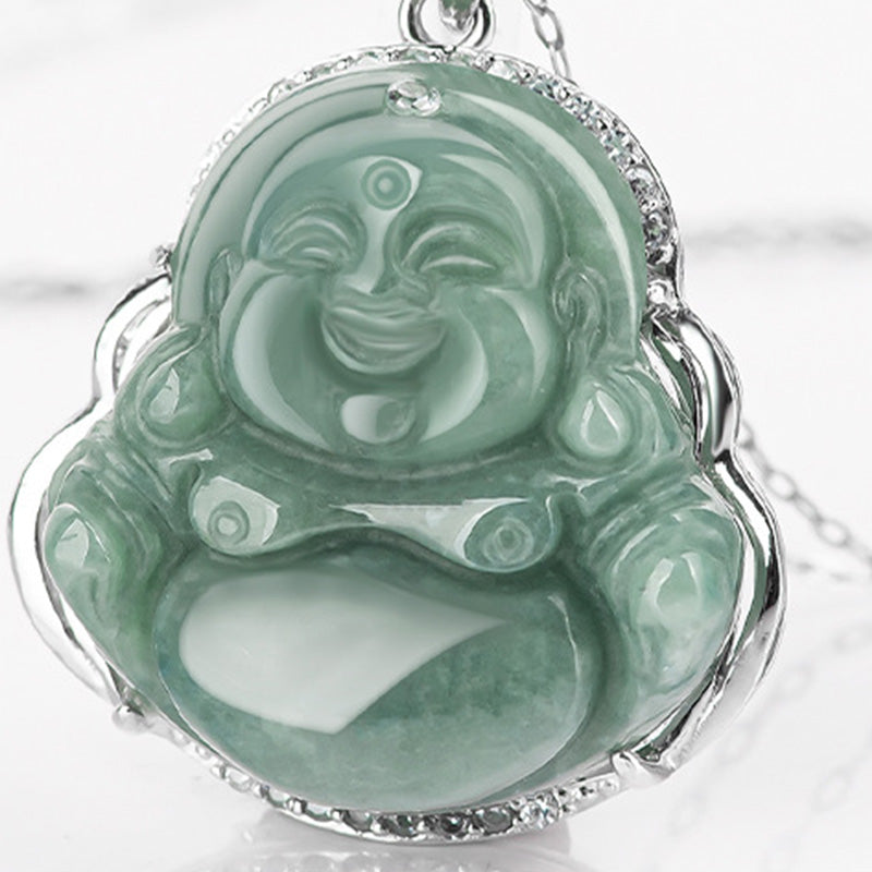 Buddha Stones 925 Sterling Silver Laughing Buddha Jade Abundance Necklace Chain Pendant