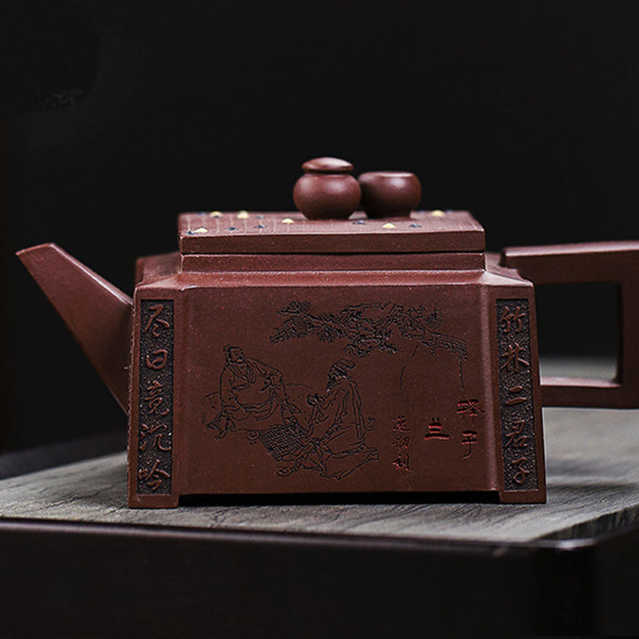 Buddha Stones Yixing All Handmade Gomoku Playing Chess Purple Clay Kung Fu Square Teapot 280ml