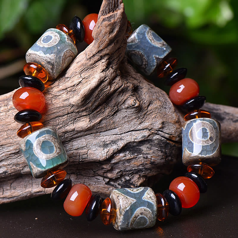 Buddha Stones Tibetan Three-eyed Dzi Bead Agate Protection Happiness Bracelet