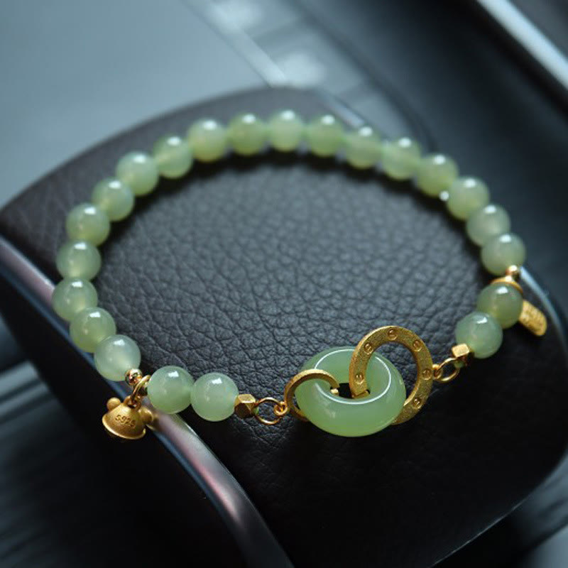 Buddha Stones 925 Sterling Silver Plated Gold Natural Hetian Jade Bead Gourd Lotus Bamboo Fu Character Luck Bracelet