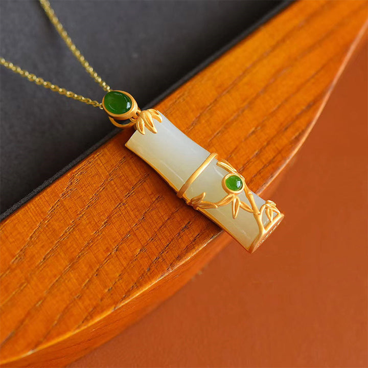 Buddha Stones White Jade Cyan Jade Bamboo Protection Necklace Pendant