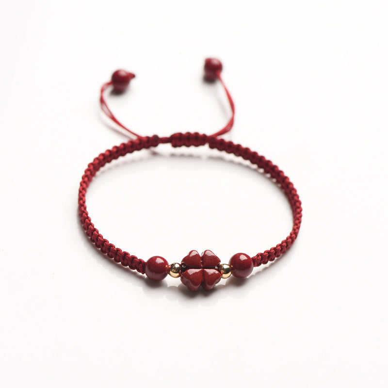 Buddha Stones Four Leaf Clover Five-petal Flower Cinnabar Blessing Red String Bracelet