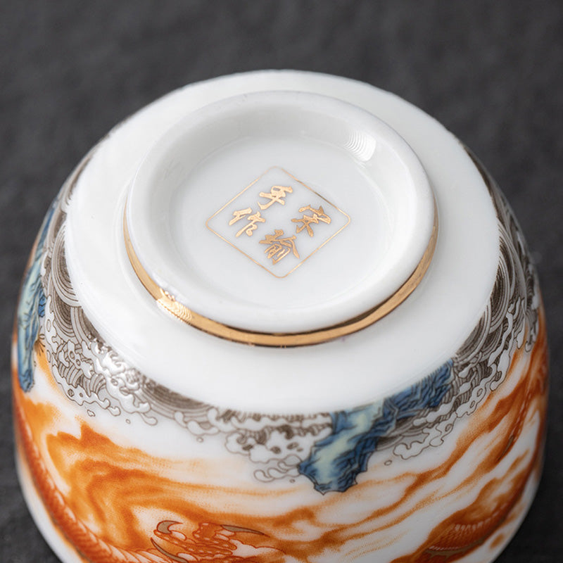 Buddha Stones Dragon Phoenix Crane Sun Ocean Waves Gilt Ceramic Teacup Kung Fu Tea Cup 170ml