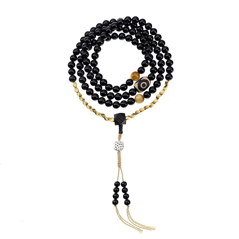 Tibetan 108 Mala Beads Black Onyx Three-eyed Dzi Beads Protection Bracelet