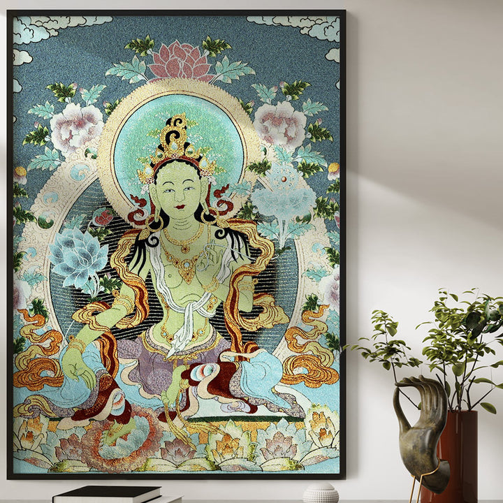 Buddha Stones Tibetan Silk Embroidery White Tara Thangka Tapestry Wall Hanging Wall Art Meditation for Home Decor