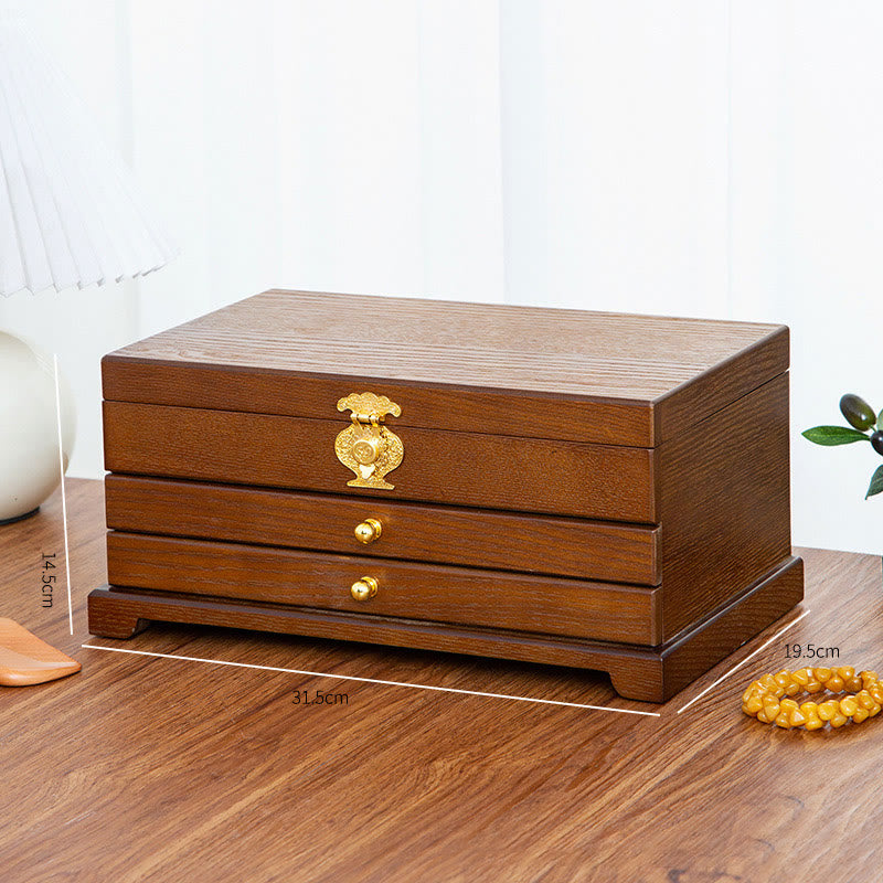 Buddha Stones Retro Wooden Jewelry Box Three-Layer Jewelry Storage Box