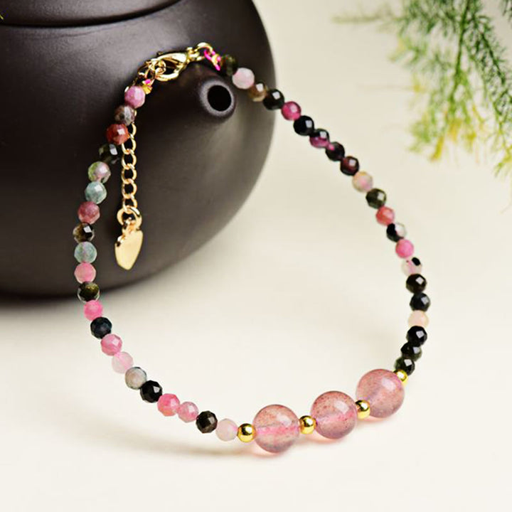 Buddha Stones Natural Colorful Tourmaline Strawberry Quartz Bead Positive Love Bracelet