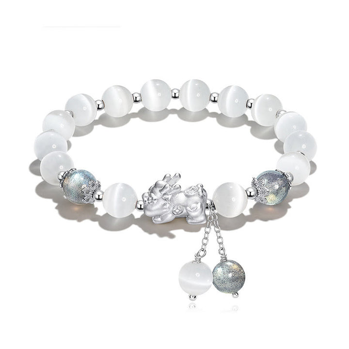 Buddha Stones Natural Cat's Eye Moonstone Strawberry Quartz PiXiu Support Bracelet