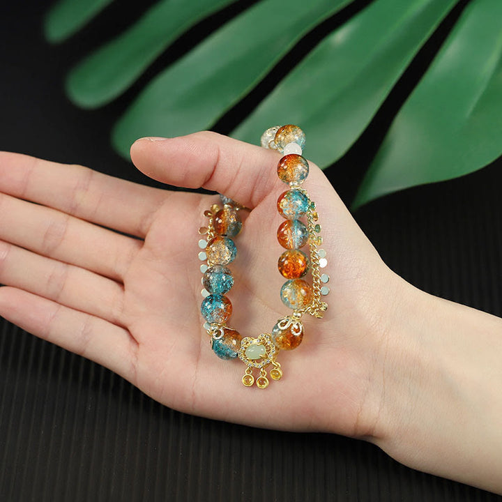 Buddha Stones Colorful Liuli Glass Bead Chinese Lock Charm Fortune Bracelet